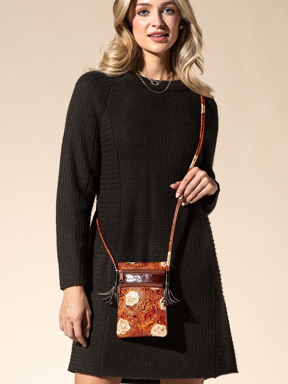 Handcrafted Floral Embossed Crossbody Bag in Burnt Orange
